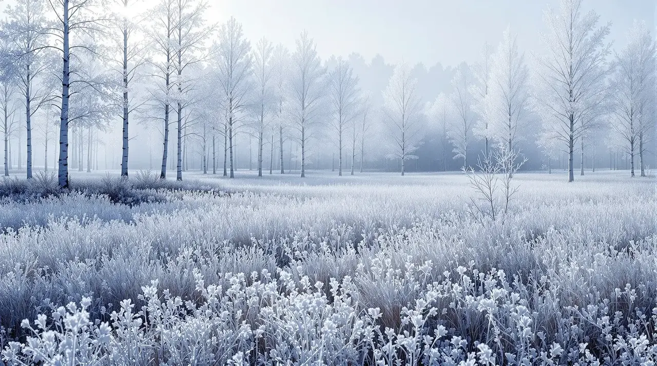 露珠银白的白桦林与晨露风景